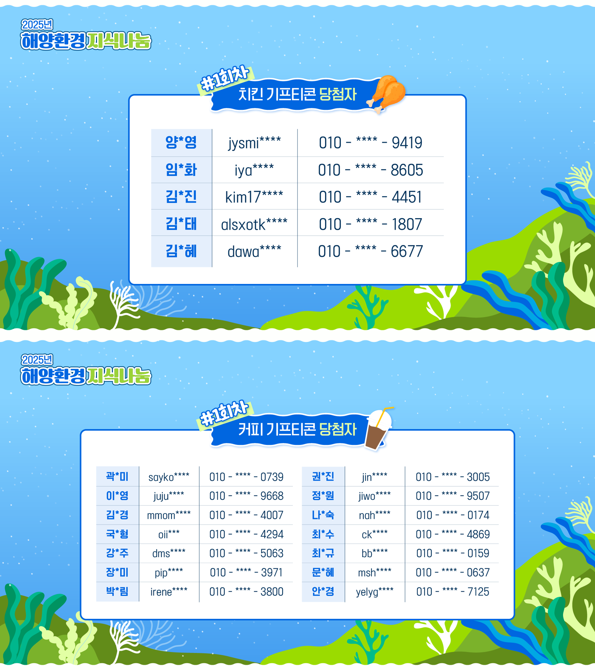 공지사항「해양환경 지식나눔 온라인 라이브 특강 1회차 이벤트 당첨 안내」의 이미지