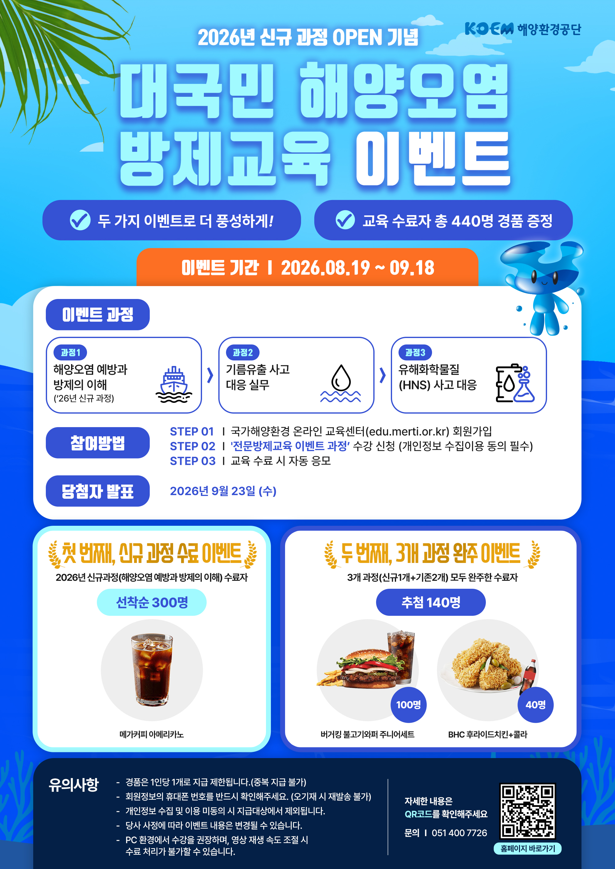 KOEM 해양환경공단 | 2026년 신규 과정 OPEN 기념 | 대국민 해양오염 방제교육 이벤트 | 두 가지 이벤트로 더 풍성하게! | 교육 수료자 총 440명 경품 증정 | 이벤트 기간 : 2026.08.19 ~ 09.18 | ■ 이벤트 과정 | 과정1 : 해양오염 예방과 방제의 이해('26년 신규 과정) → 과정2 : 기름유출 사고 대응 실무 → 과정3 : 유해화학물질(HNS) 사고 대응 | ■ 참여방법 | STEP 01 국가해양환경 온라인 교육센터(edu.merti.or.kr) 회원가입 | STEP 02 '전문방제교육 이벤트 과정' 수강 신청(개인정보 수집이용 동의 필수) | STEP 03 교육 수료 시 자동 응모 | 당첨자 발표: 2026년 9월 23일(수) | ■ 첫 번째, 신규 과정 수료 이벤트 | 2026년 신규과정(해양오염 예방과 방제의 이해) 수료자 | 선착순 300명 | 메가커피 아메리카노 | ■ 두 번째, 3개 과정 완주 이벤트 | 3개 과정(신규1개+기존2개) 모두 완주한 수료자 | 추첨 140명 | 버거킹 불고기와퍼 주니어세트 100명 | BHC 후라이드치킨+콜라 40명 | ■ 유의사항 | - 경품은 1인당 1개로 지급 제한됩니다.(중복 지급 불가) | - 회원정보의 휴대폰 번호를 반드시 확인해주세요.(오기재 시 재발송 불가) | - 개인정보 수집 및 이용 미동의 시 지급대상에서 제외됩니다. | - 당사 사정에 따라 이벤트 내용은 변경될 수 있습니다. | - PC 환경에서 수강을 권장하며, 영상 재생 속도 조절 시 수료 처리가 불가할 수 있습니다. | 문의: 051-400-7726 | 자세한 내용은 QR코드를 확인해주세요. 홈페이지 바로가기