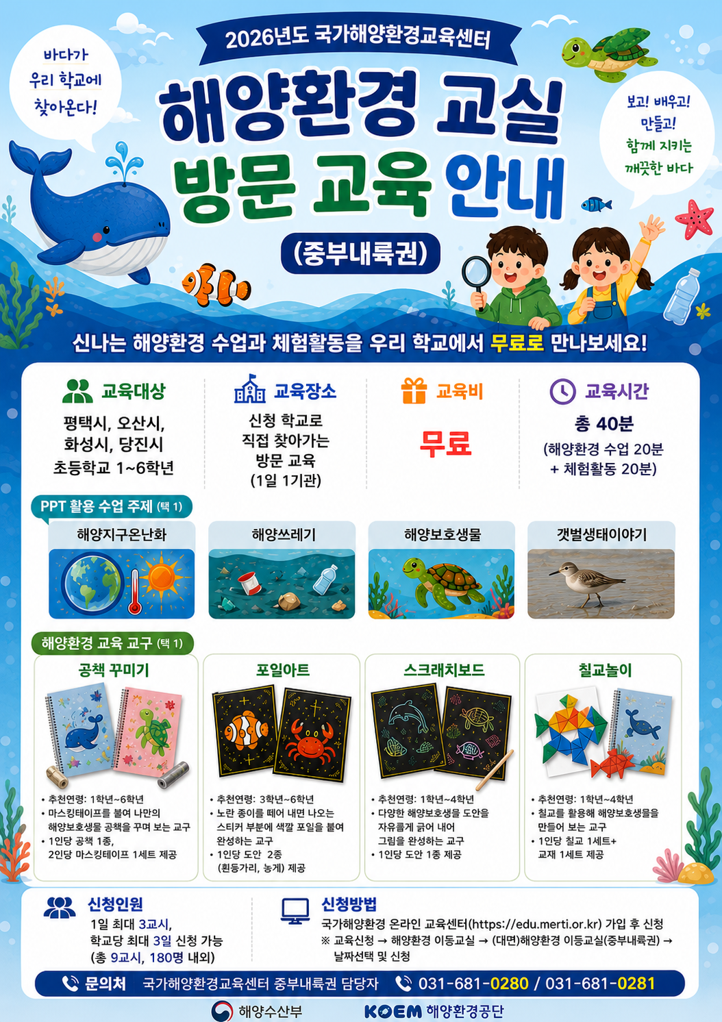 바다가 우리 학교에 찾아온다! | 2026년도 국가해양환경교육센터 | 해양환경 교실 방문 교육 안내 (중부내륙권) | 보고! 배우고! 만들고! 함께 지키는 깨끗한 바다 | 신나는 해양환경 수업과 체험활동을 우리 학교에서 무료로 만나보세요! | 교육대상 평택시, 오산시, 화성시, 당진시 초등학교 1~6학년 | 교육장소 신청 학교로 직접 찾아가는 방문 교육 (1일 1기관) | 교육비 무료 | 교육시간 총 40분 (해양환경 수업 20분 + 체험활동 20분) | PPT 활용 수업 주제 (택 1) 해양지구온난화, 해양쓰레기, 해양보호생물, 갯벌생태이야기 | 해양환경 교육 교구 (택 1) | 공책 꾸미기 - 추천연령: 1학년~6학년, 마스킹테이프를 붙여 나만의 해양보호생물 공책을 꾸며 보는 교구, 1인당 공책 1종, 2인당 마스킹테이프 1세트 제공 | 포일아트 - 추천연령: 3학년~6학년, 노란 종이를 떼어 내면 나오는 스티커 부분에 색깔 포일을 붙여 완성하는 교구, 1인당 도안 2종 (흰동가리, 농게) 제공 | 스크래치보드 - 추천연령: 1학년~4학년, 다양한 해양보호생물 도안을 자유롭게 긁어 내어 그림을 완성하는 교구, 1인당 도안 1종 제공 | 칠교놀이 - 추천연령: 1학년~4학년, 칠교를 활용해 해양보호생물을 만들어 보는 교구, 1인당 칠교 1세트 + 교재 1세트 제공 | 신청인원 1일 최대 3교시, 학교당 최대 3일 신청 가능 (총 9교시, 180명 내외) | 신청방법 국가해양환경 온라인 교육센터(https://edu.merti.or.kr) 가입 후 신청, ※ 교육신청 → 해양환경 이동교실 → (대면)해양환경 이동교실(중부내륙권) → 날짜선택 및 신청 | 문의처 국가해양환경교육센터 중부내륙권 담당자 031-681-0280 / 031-681-0281 | 해양수산부 KOEM 해양환경공단