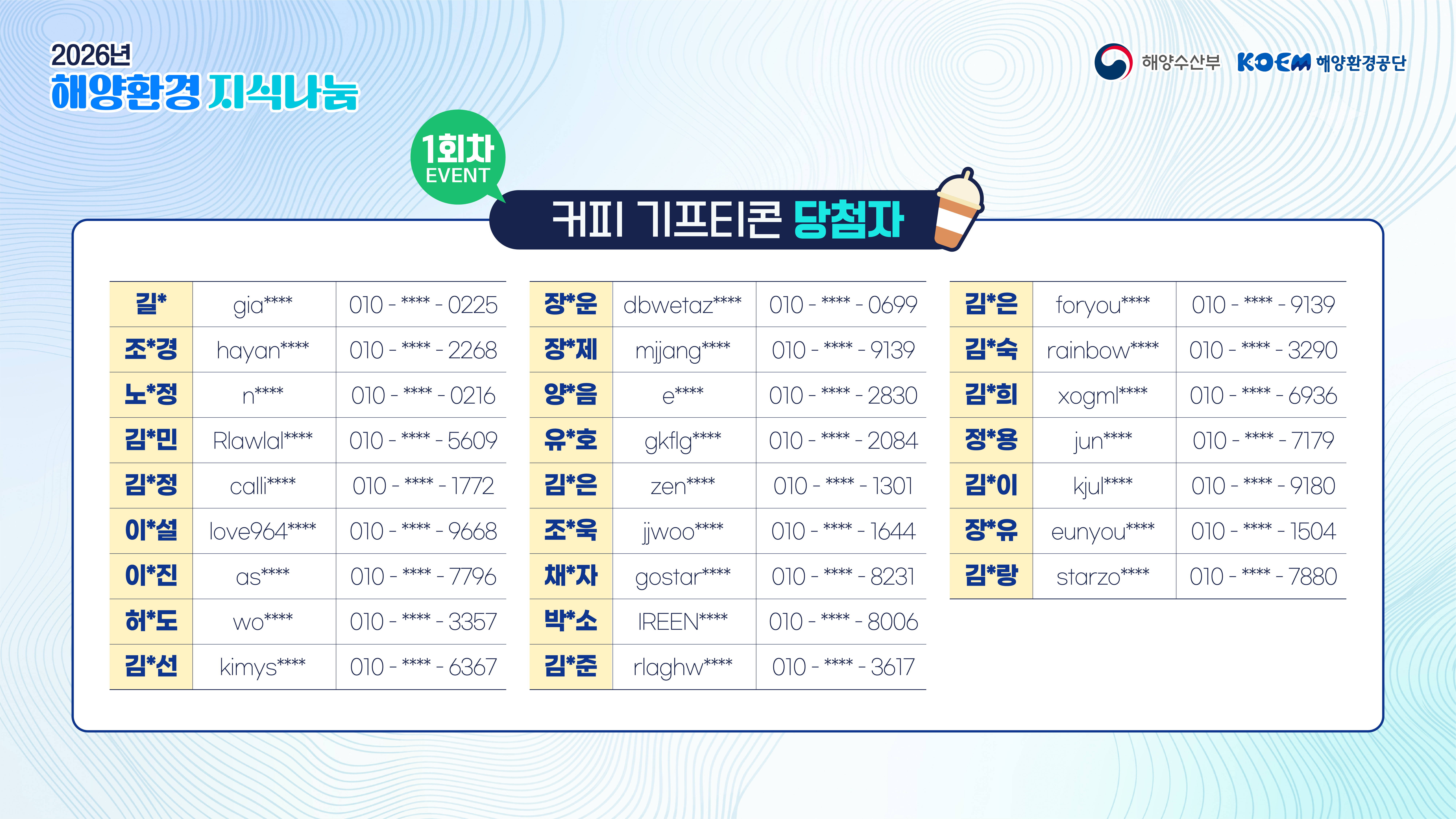 2026년 해양환경 지식나눔 라이브 특강 1회차 이벤트 당첨 안내