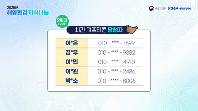 공지사항「2026년 해양환경 지식나눔 라이브 특강 2회차 이벤트 당첨 안내」의 이미지